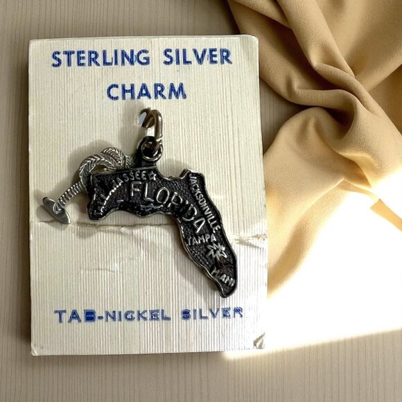 Vintage Florida State Sterling Silver Charm & Tab Nickel Silver Palm Tree - Picture 1 of 7